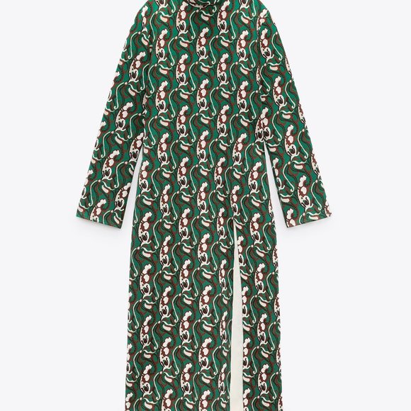 ZARA NWT Front Slit Printed Midi Dress Green - Picture 13 of 14
